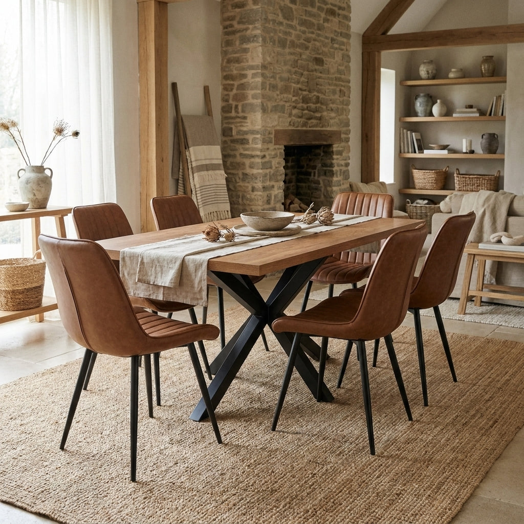 Sloan 7 piece extending dining set with oak top and black cross base in a rustic dining room