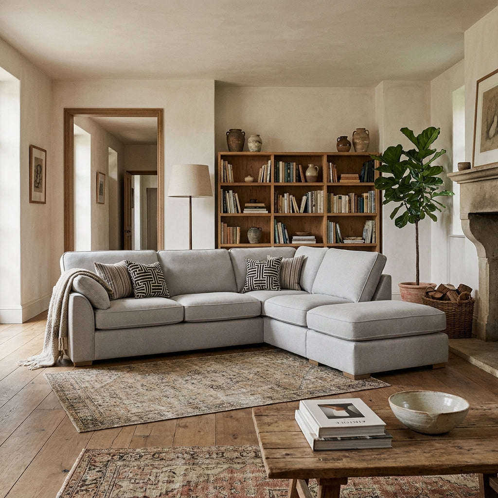 Sara corner sofa in a furnished rustic living room with a bookshelf, fireplace and floor lamp showing its size