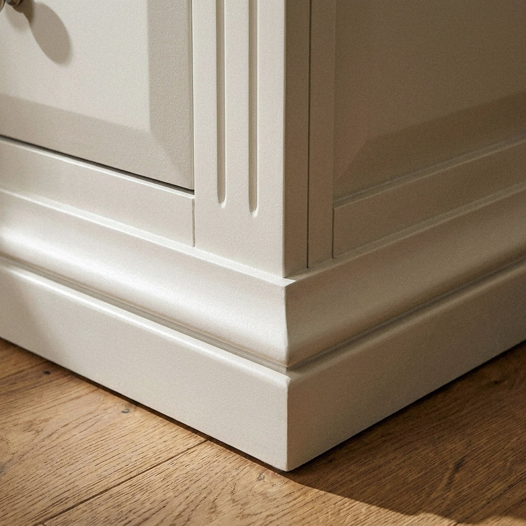 Close-up of the corner pilaster and moulded plinth base