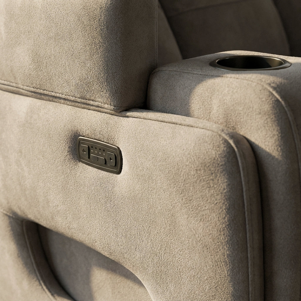 Close-up of the Omega power recline control panel and arm cup holder