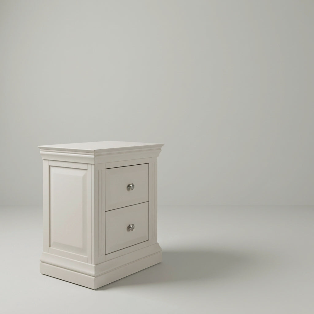 Ariana two drawer bedside, painted panelled drawer fronts with chrome knobs