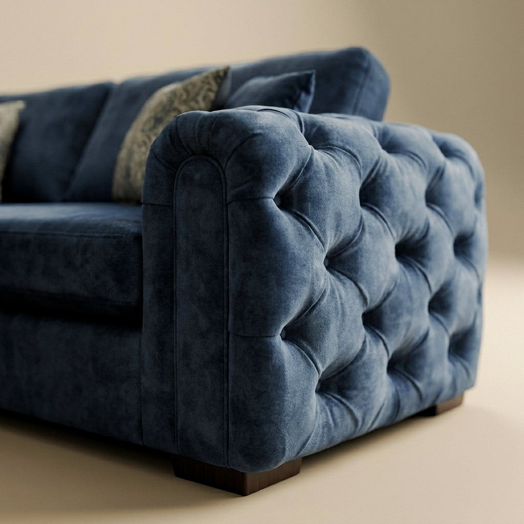 Close-up of the deep buttoned velvet arm and dark wooden foot on the Russell