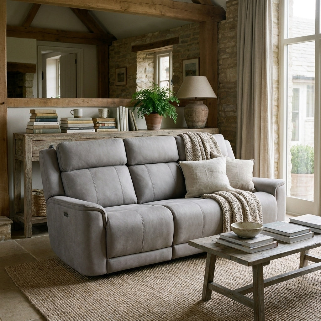 Bonnie electric reclining suite in a rustic living room