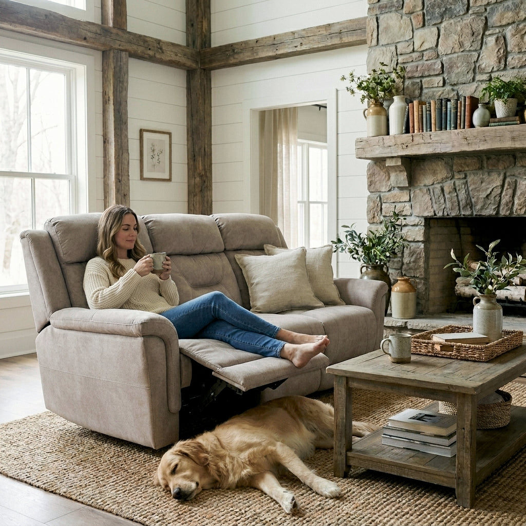 Woman relaxing on the reclined Portis sofa with a coffee in a rustic living room