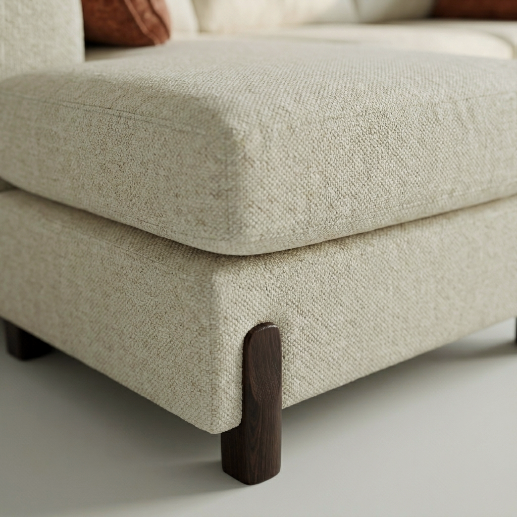 Close-up of the textured oatmeal weave and dark wooden foot on the Westport