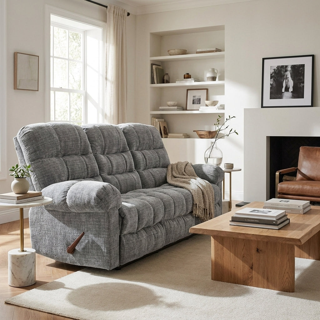 Cloud reclining sofa in a transitional living room with a fireplace and oak coffee table