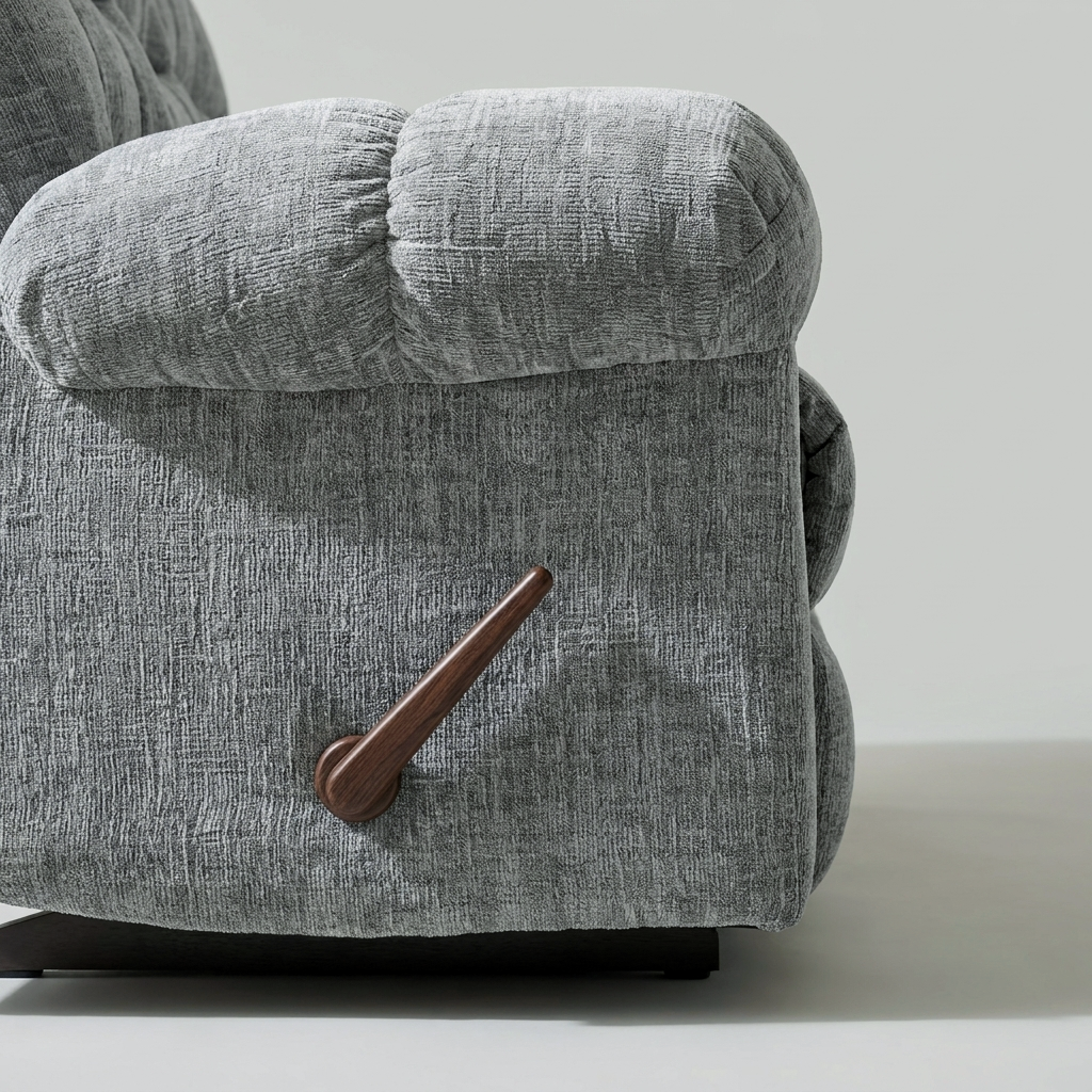 Close-up of the dark wooden manual recline lever on the arm of the Cloud sofa