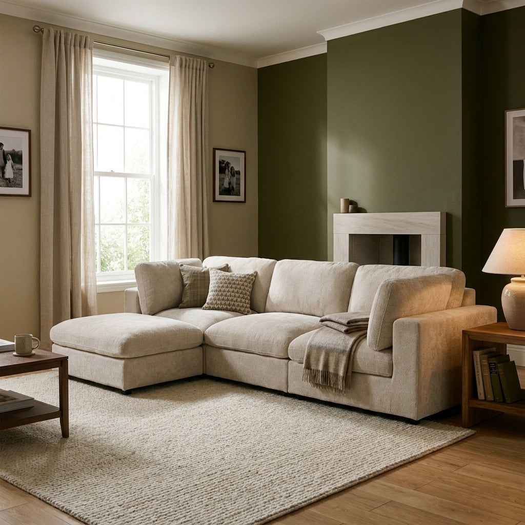 New Haven corner sofa in a British living room with an olive feature wall and a lit lamp
