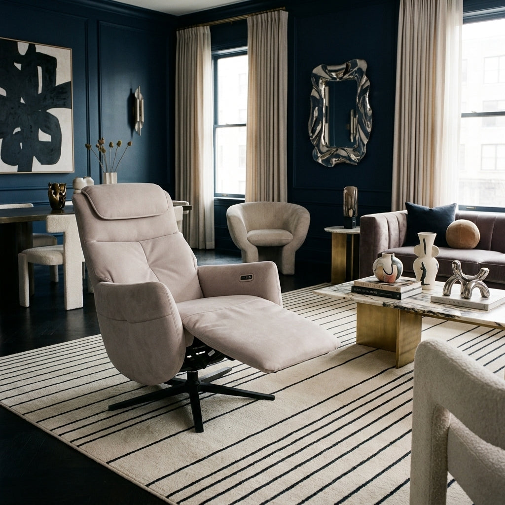 Khan massage chair in a living room with deep navy walls and a striped rug