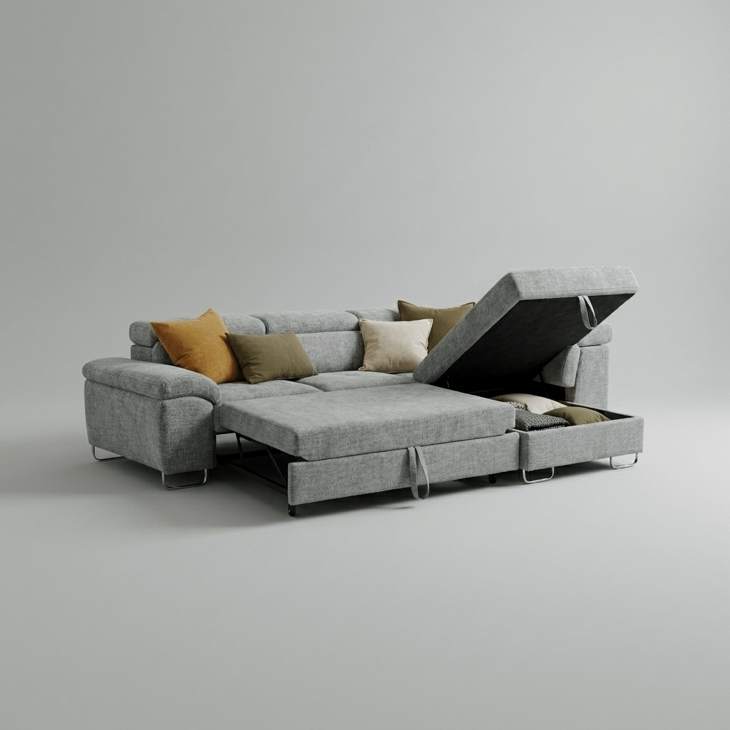 Bari sofa bed opened out into a double bed with the ottoman storage lid raised
