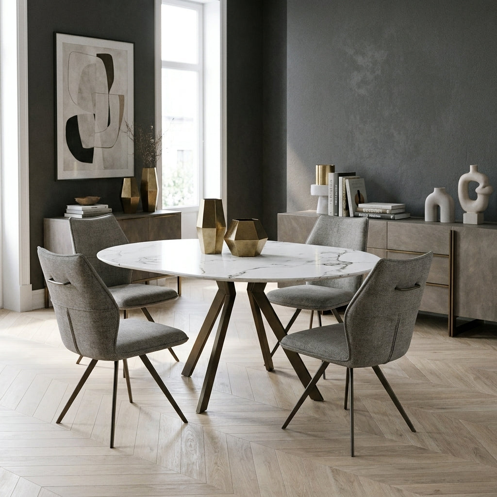 Porthos Round Extending Dining Set in a dining room with charcoal grey walls and a pale oak chevron floor