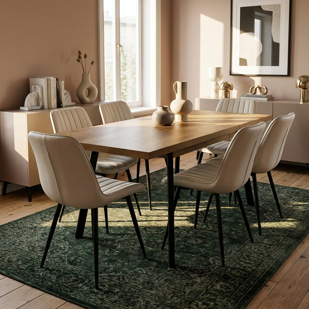 Sloan extending dining table opened out to seat six, in a dining room with warm putty pink walls, bare boards and a dark green patterned rug. Extra chairs shown are not included in the five piece set