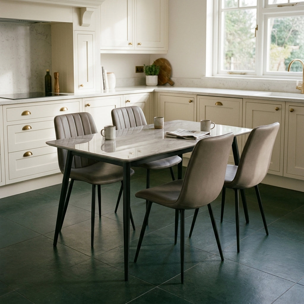 Christina 5 Piece Dining Set in a kitchen with cream shaker cabinets and a dark green tile floor