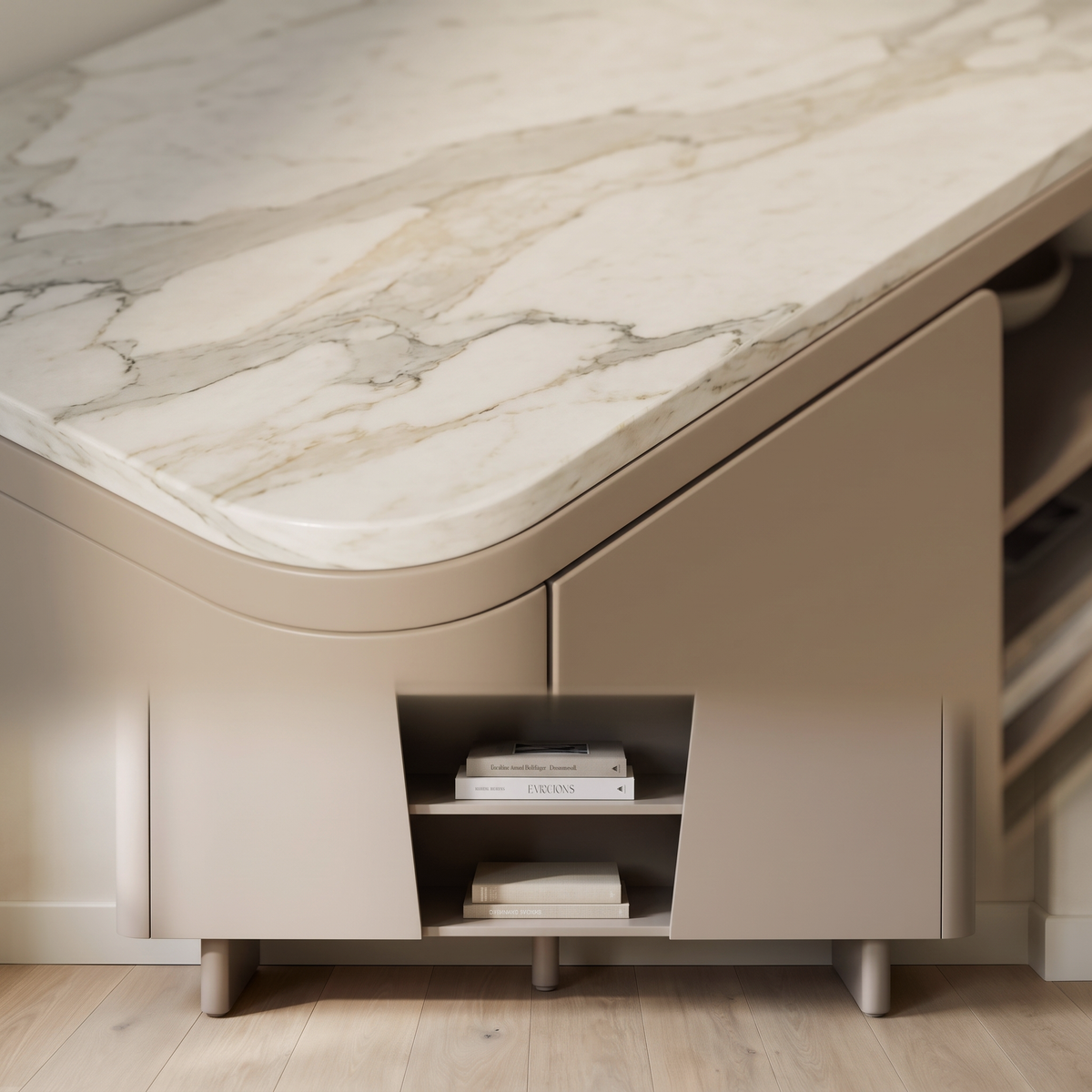 Close up of the marble top edge and rounded taupe door on the Castello sideboard