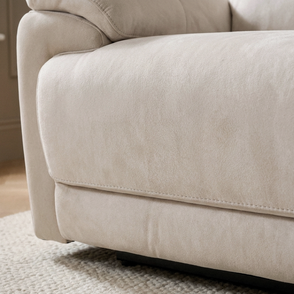 Close up of the front corner and low dark base of the Walton sofa in pale cream fabric