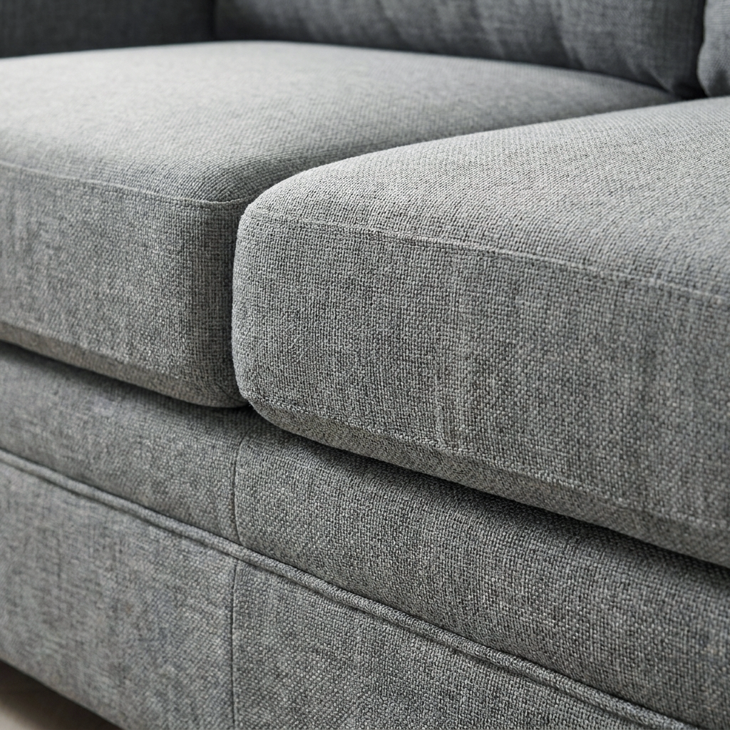 Close up of the seat cushion front edge and grey woven fabric on the Kane sofa bed
