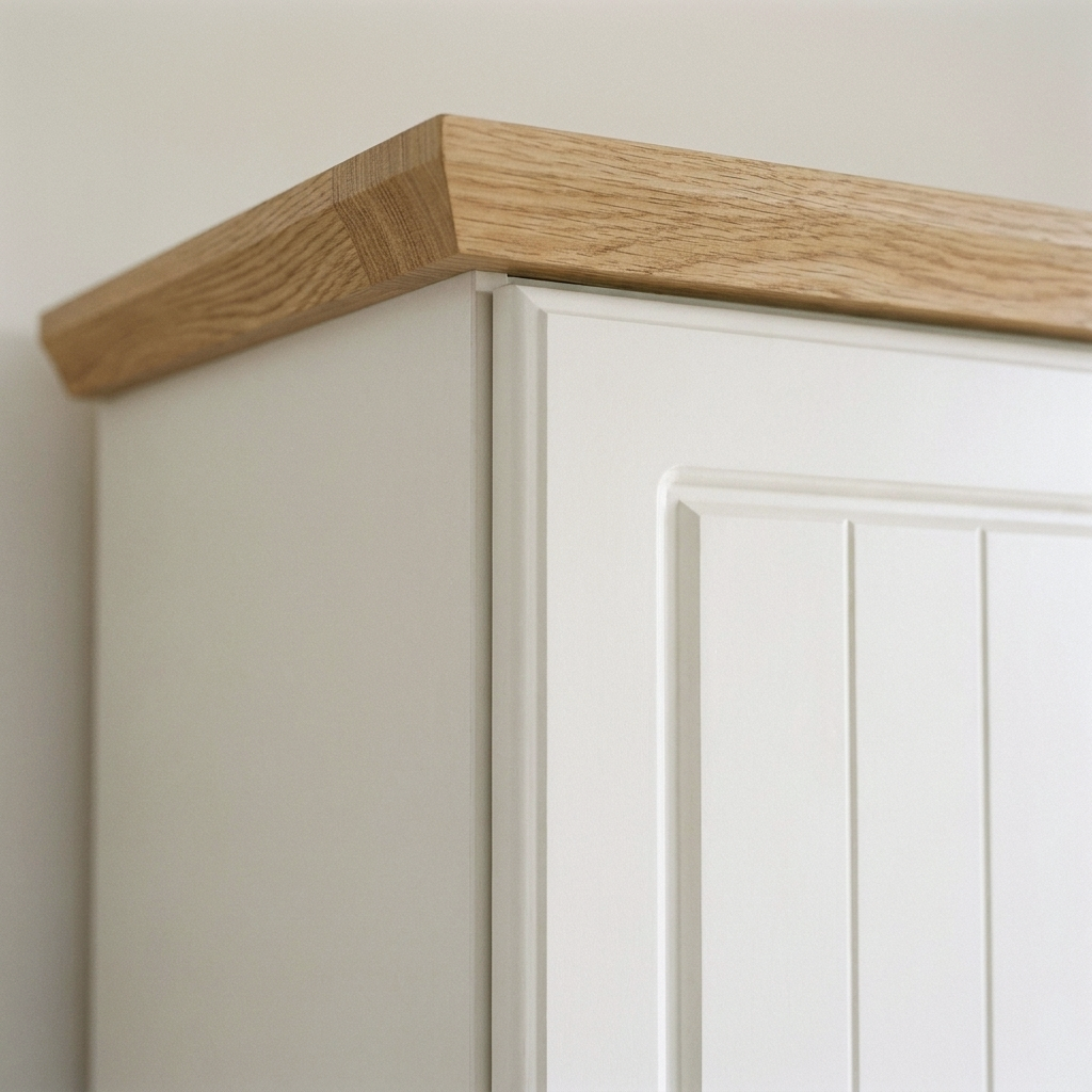 Close up of the light oak top edge and white painted panel on the Aurora wardrobe