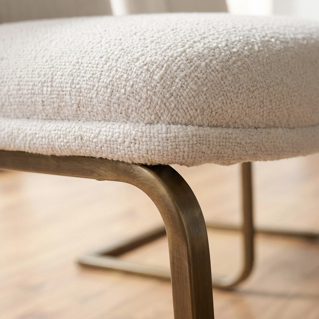 Close up of the cream boucle seat and antique brass sled frame on a Delphi dining chair