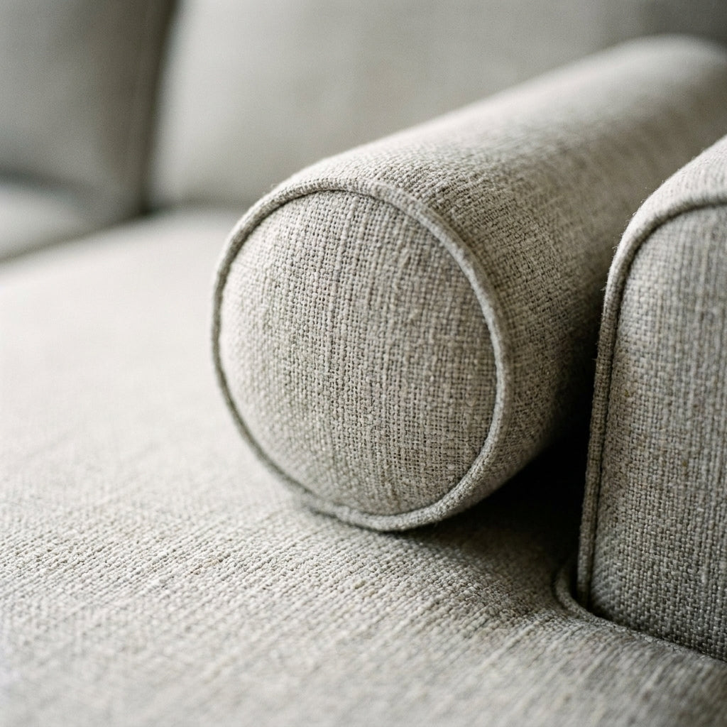 Close up of the bolster cushion end and pale grey woven fabric on the Clarkey lounger