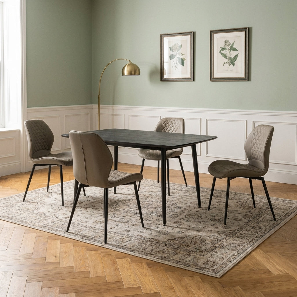Casey five piece dining set with four taupe velvet chairs in a sage green and white panelled dining room