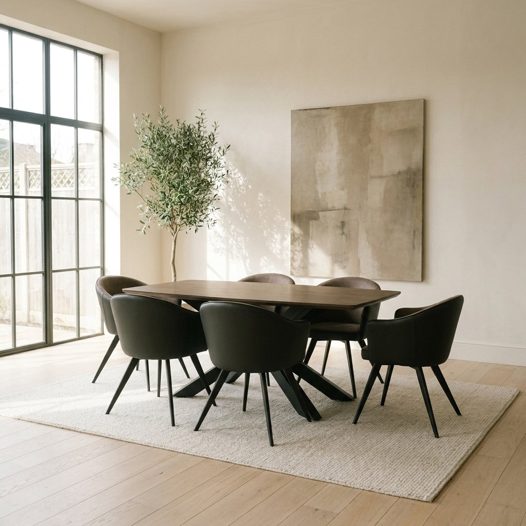 Colorado seven piece dining set with six dark chairs in a bright modern European dining room with an olive tree