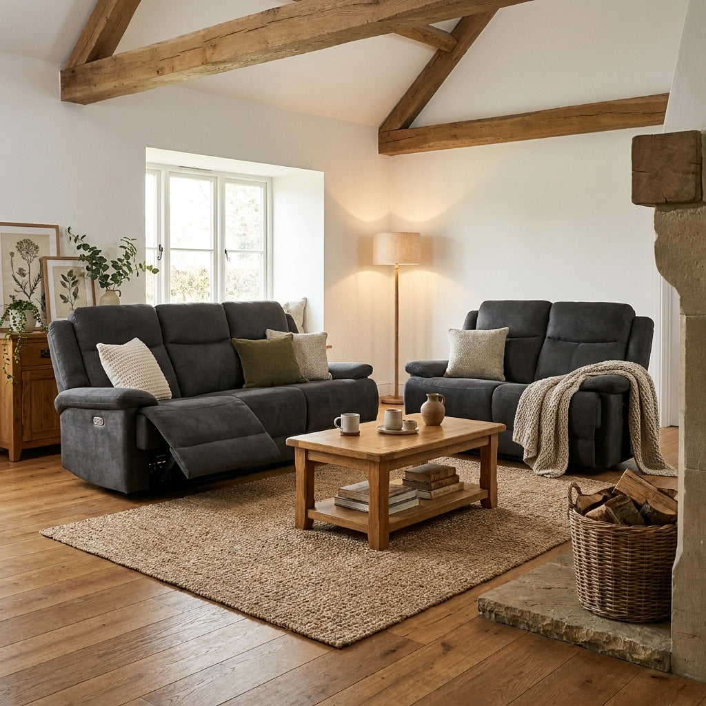Ash charcoal suede electric reclining suite with footrest extended in a beamed cottage living room