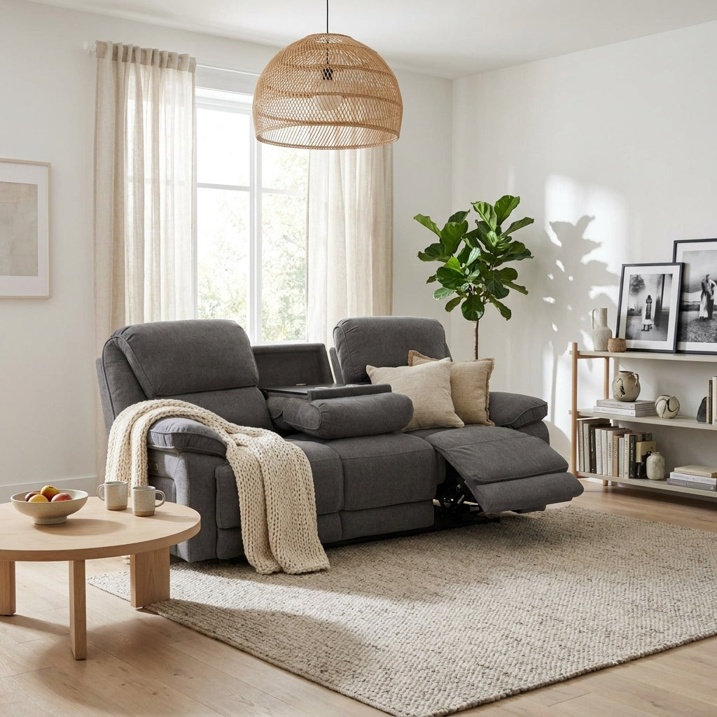 Mechelle grey fabric electric reclining sofa with the console down and footrest extended in a bright Scandinavian living room