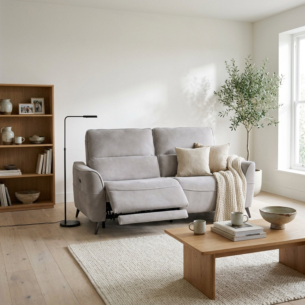 Dune light grey suede electric recliner with footrest extended in a bright modern living room with a bookcase and olive tree