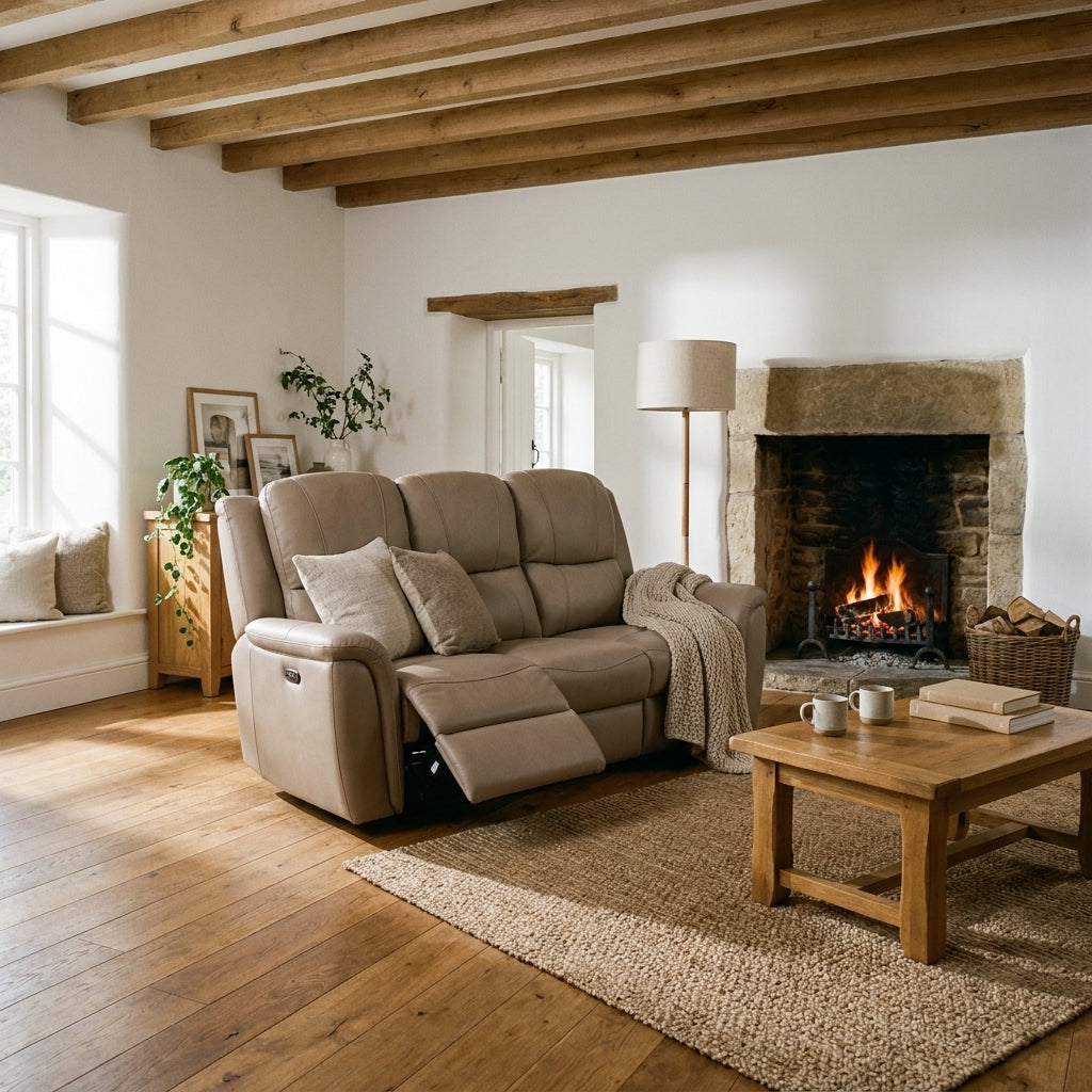 Sydney taupe leather electric reclining sofa with footrest extended in a beamed cottage living room with a lit fire