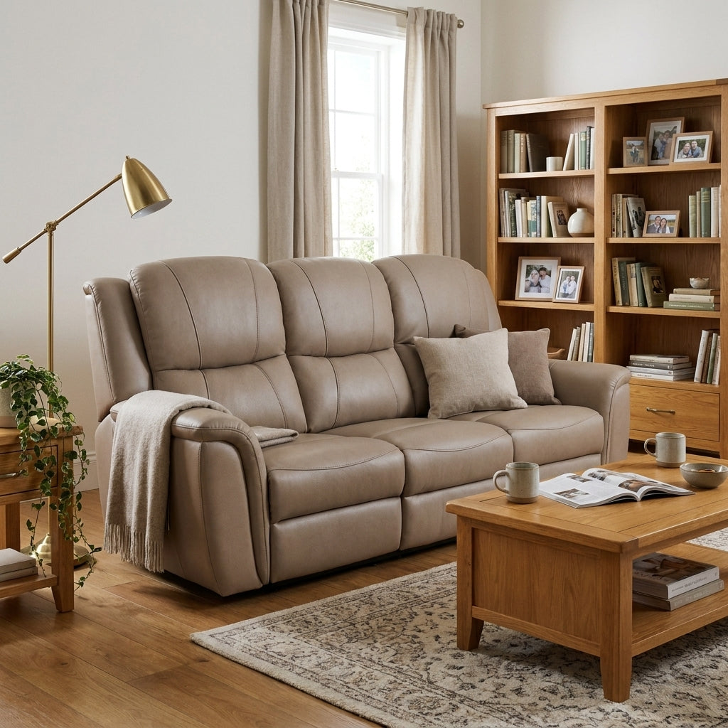 Sydney taupe leather electric reclining sofa in a warm living room with an oak bookcase and family photographs