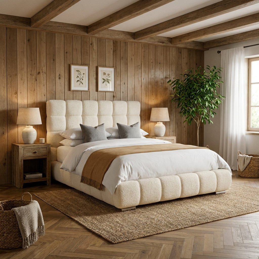 Utopia motorised ottoman bedframe in cream boucle, made up in a timber clad bedroom with a jute rug