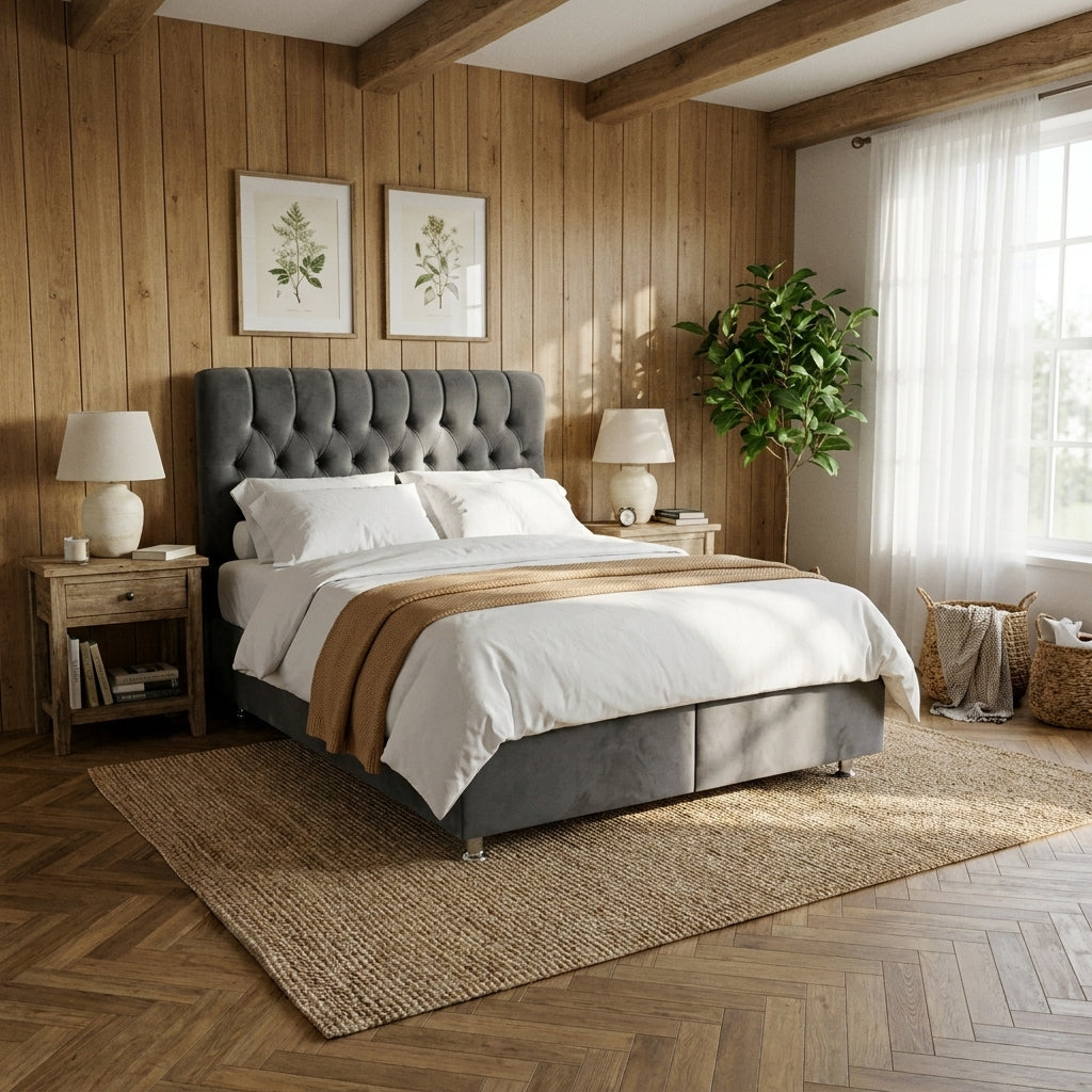 Luxor kingsize ottoman bedframe in grey velvet, made up in a timber clad bedroom with a jute rug