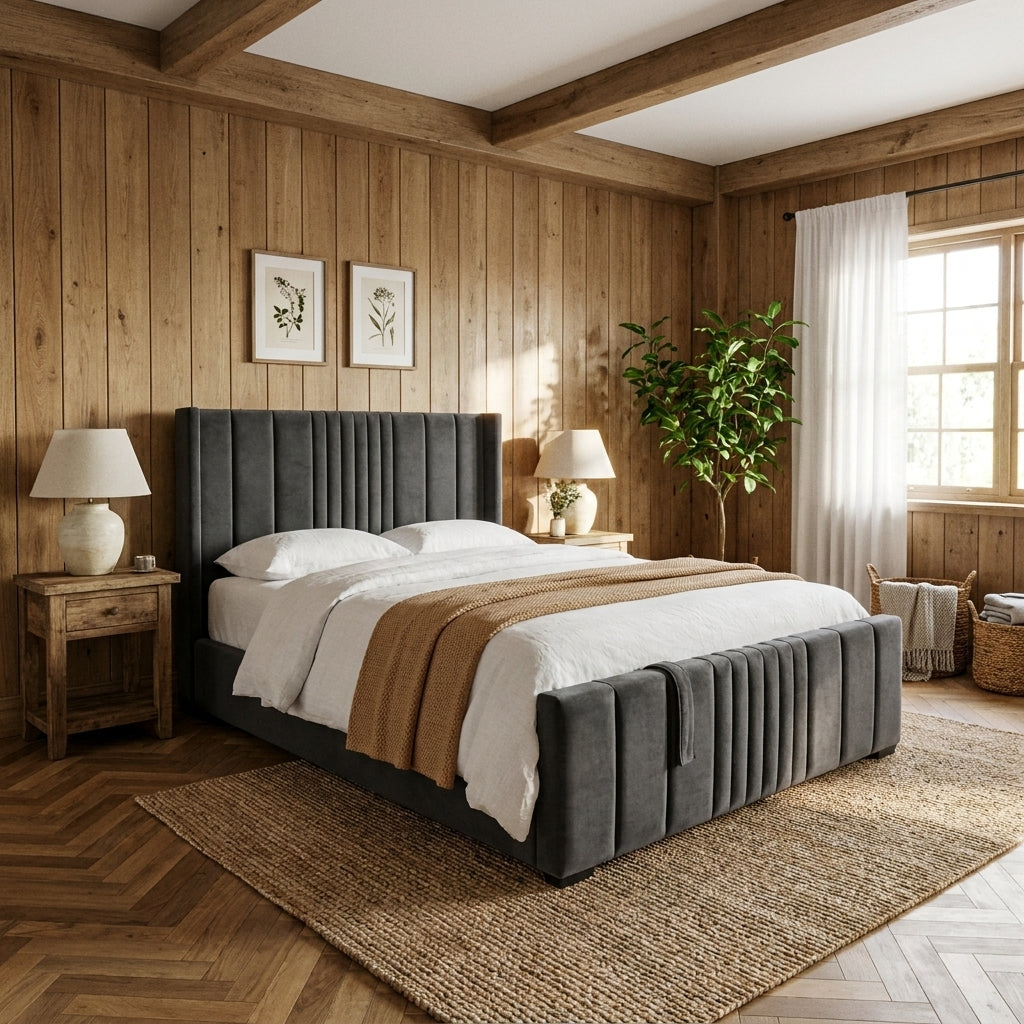 Lisbon ottoman package in charcoal velvet, made up in a timber clad bedroom with a jute rug