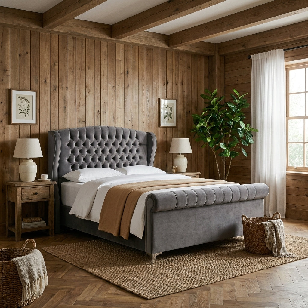 Galgorm ottoman bed in grey velvet with a buttoned winged headboard, made up in a timber clad bedroom