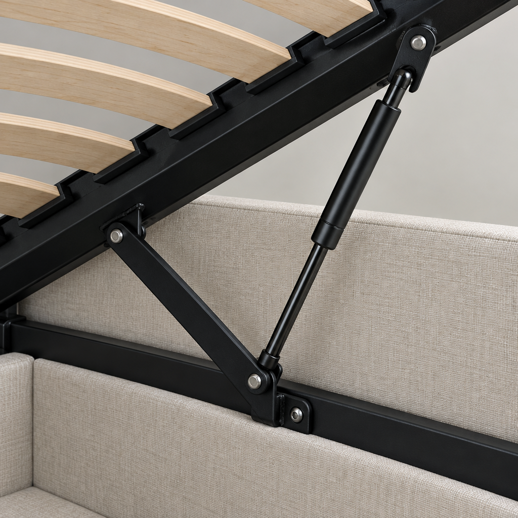 Close-up of the Coco ottoman bed lifting mechanism, showing the black gas strut and hinge linkage, wooden slatted base and lined storage well