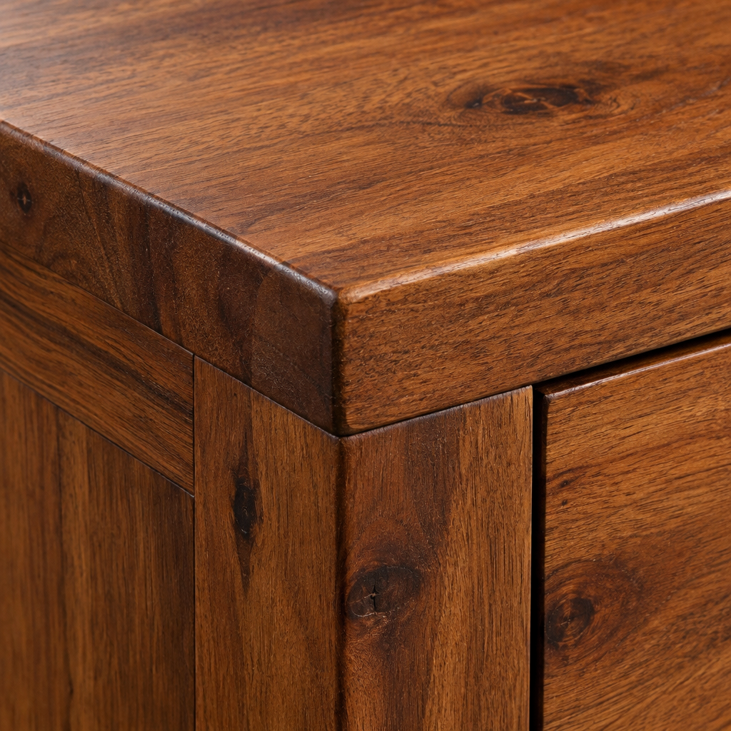 Close-up of the Willow TV unit top corner, showing the chamfered plank edge and chunky square corner post in dark acacia