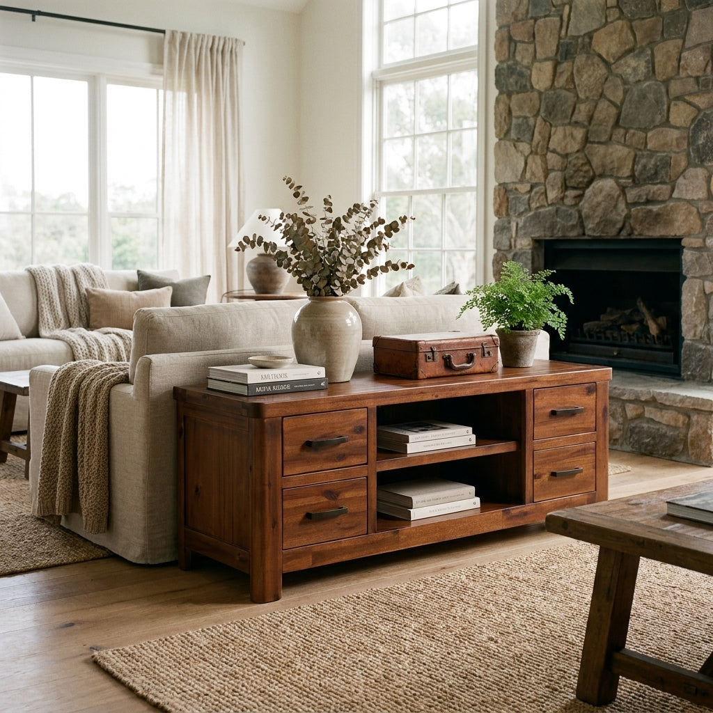 Willow TV unit in dark acacia with four drawers and an open central shelf, styled in a rustic living room