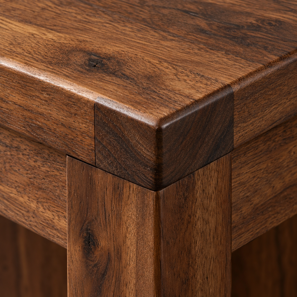 Close-up of the Willow end table top corner showing the chamfered plank edge in dark acacia