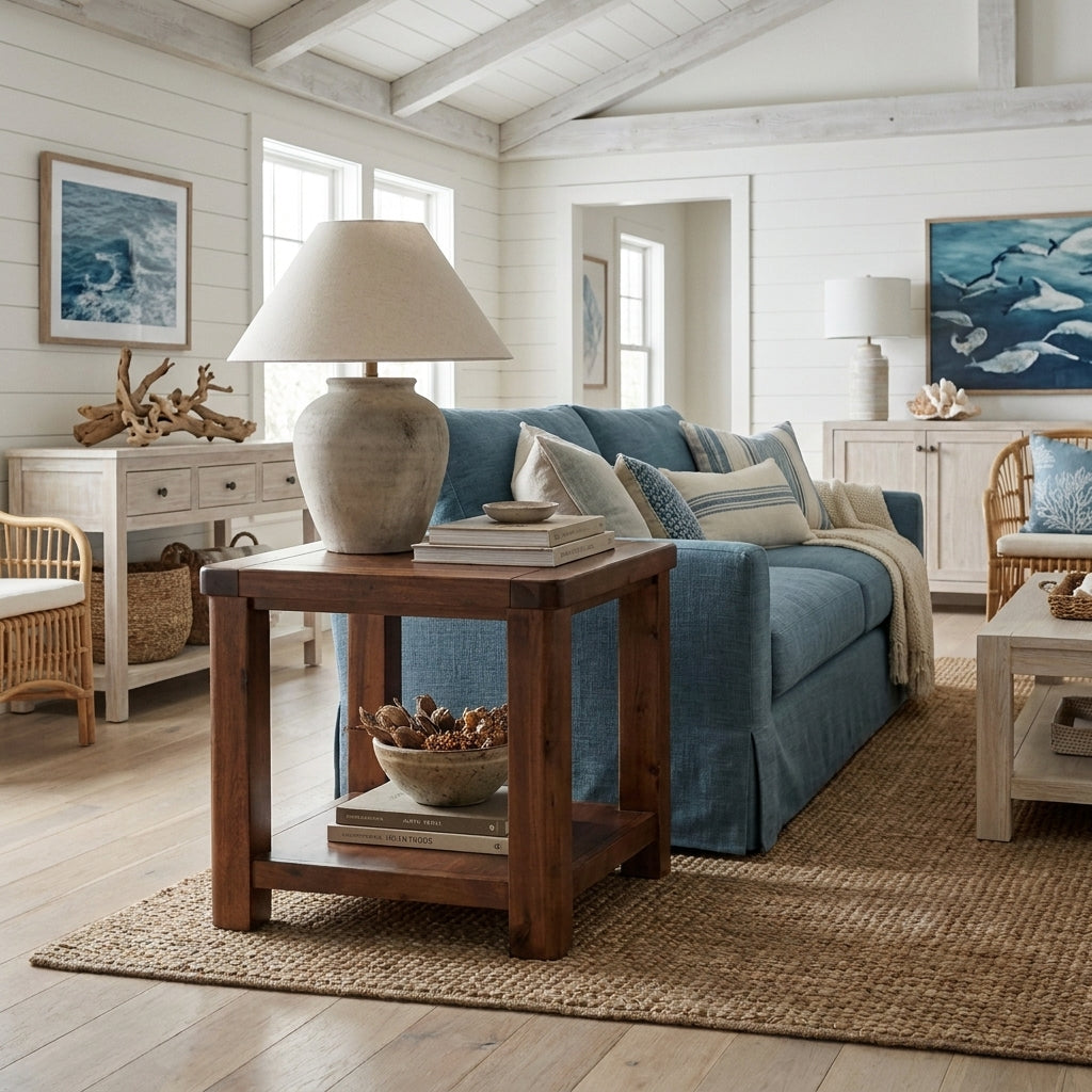 Willow end table in dark acacia with a lower shelf, styled beside a sofa in a coastal living room