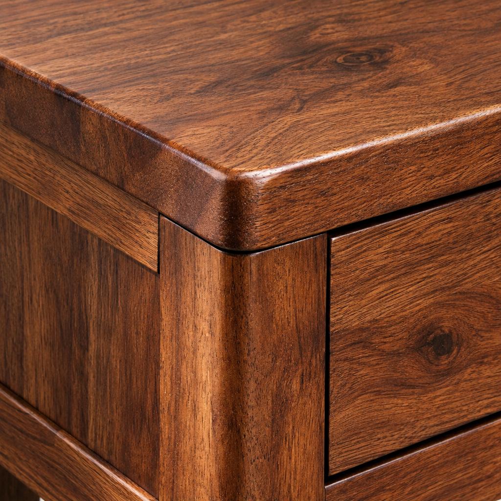 Close-up of the Willow 1 drawer console table top corner showing the chamfered plank edge in dark acacia