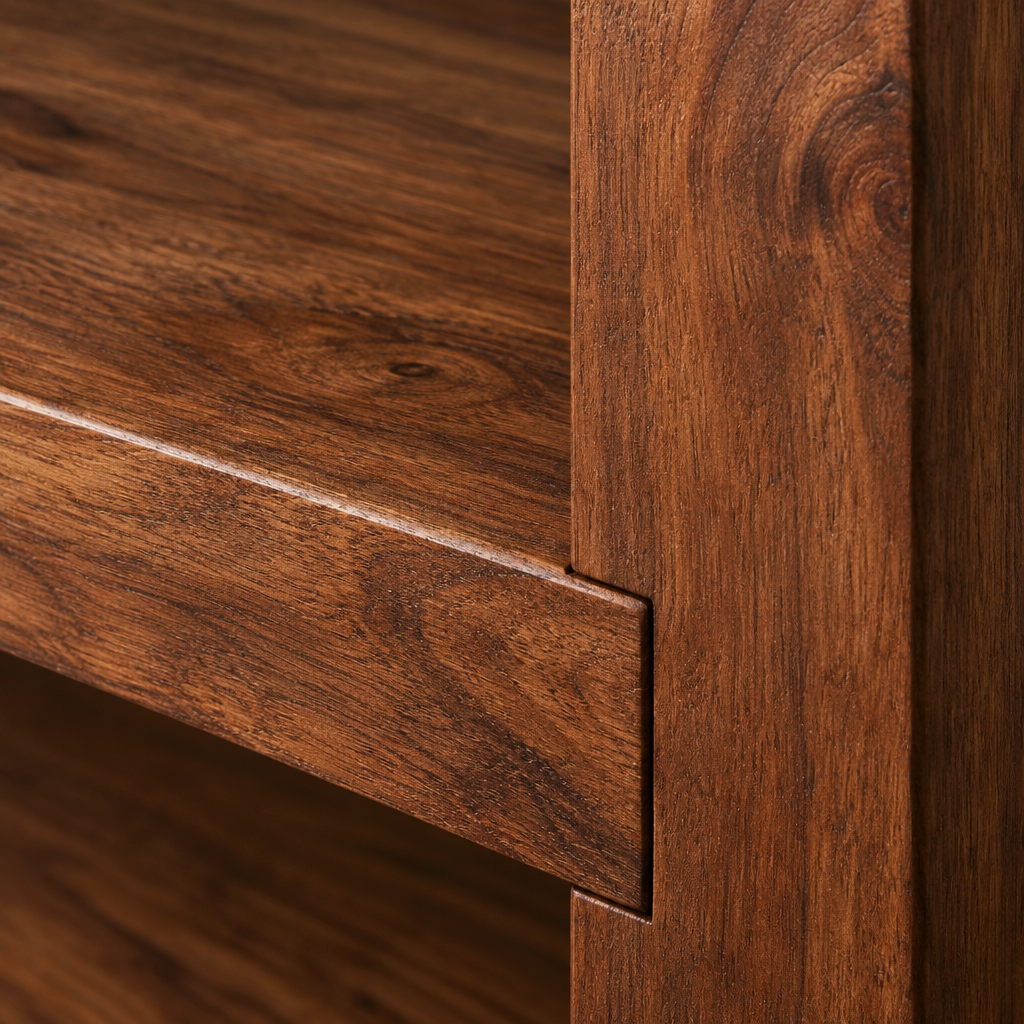 Close-up of the Willow 2 drawer console table lower shelf jointed into its square leg in dark acacia