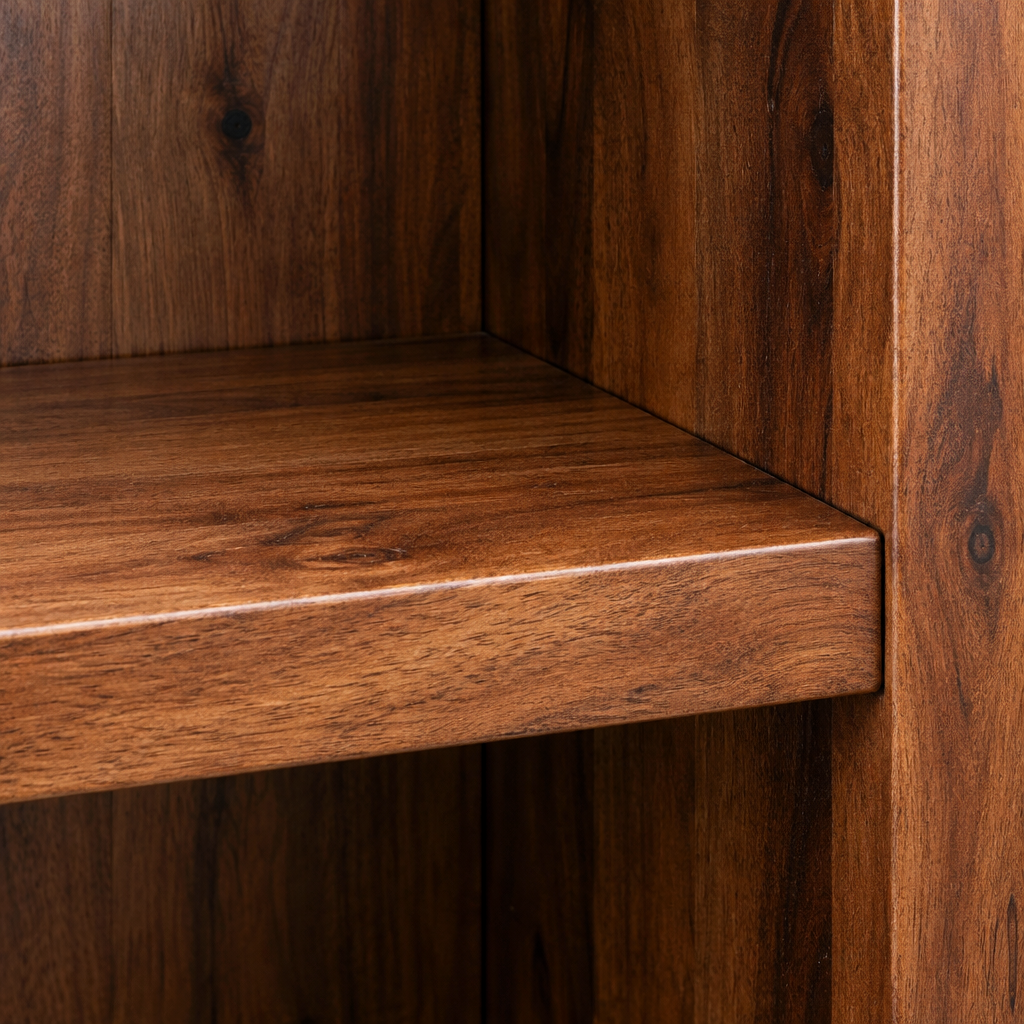 Close-up of a Willow low bookcase shelf housed into the solid side panel in dark acacia