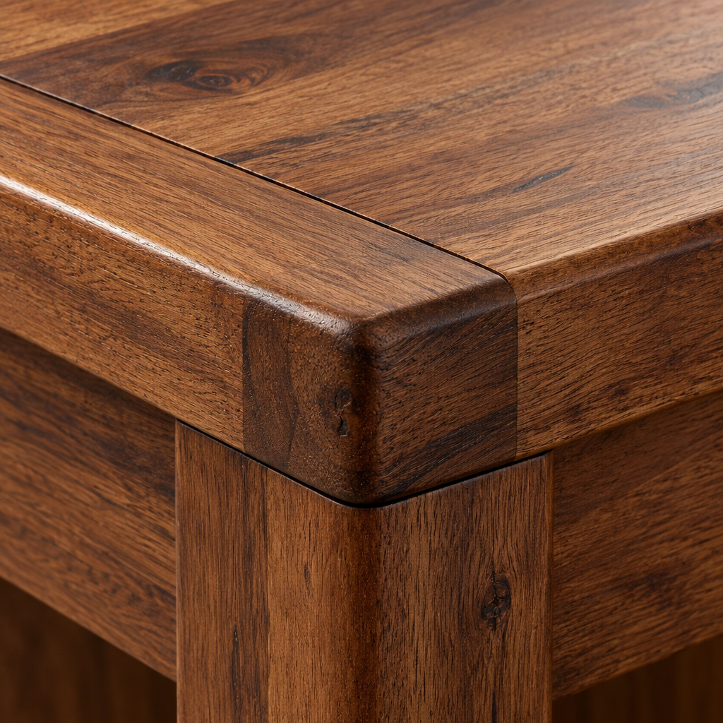Close-up of the largest Willow nest table top corner showing the chamfered plank edge in dark acacia