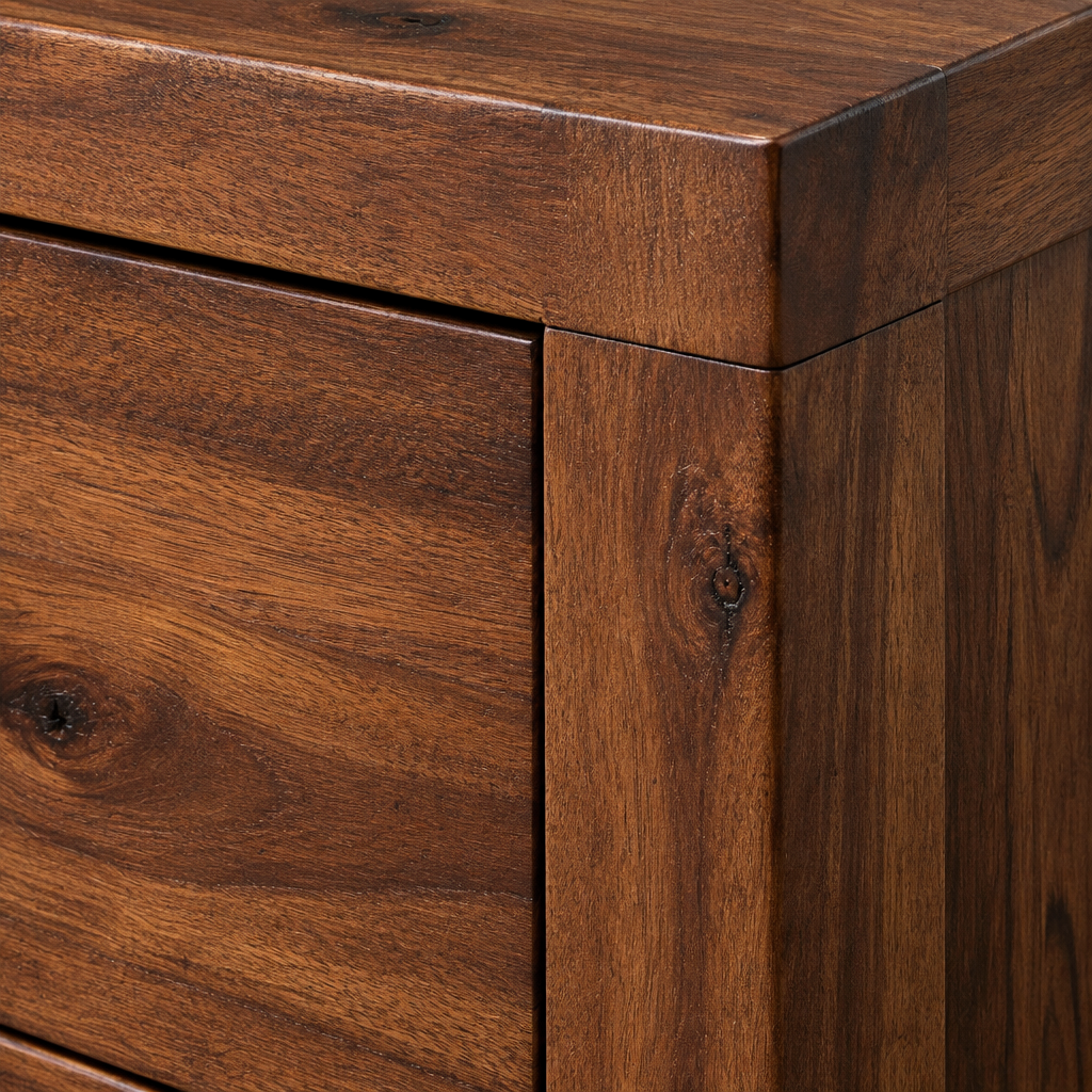 Close-up of the Willow 2 door sideboard frame and panel side construction in dark acacia