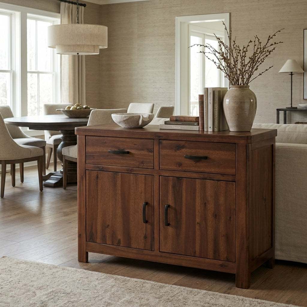 Willow 2 door sideboard in dark acacia with two drawers over two doors, styled in a transitional dining room