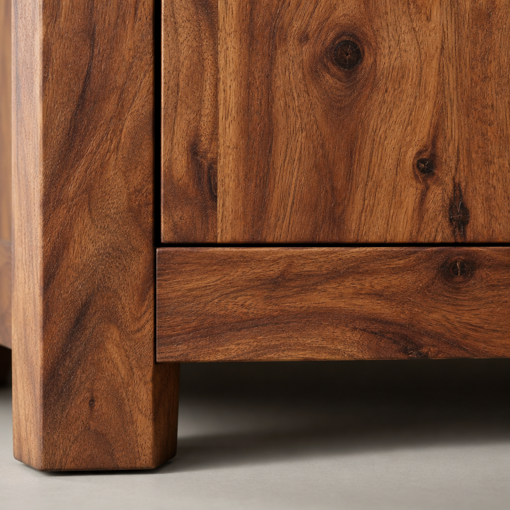 Close-up of the Willow 3 door sideboard base rail and square foot in dark acacia
