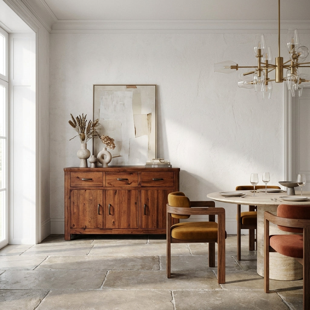 Willow 3 door sideboard in dark acacia with three drawers over three doors, styled in a modern European dining room