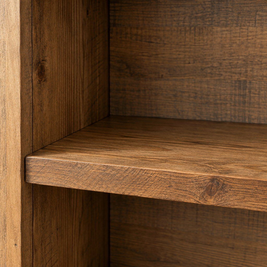 Close-up of a Jennifer medium display open shelf in antiqued pine