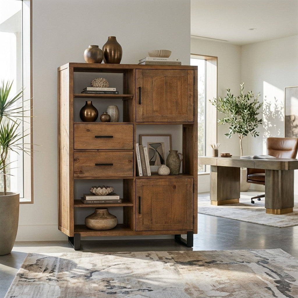 Jennifer medium display in antiqued pine with open shelves, drawers and cupboards, styled in a contemporary home office