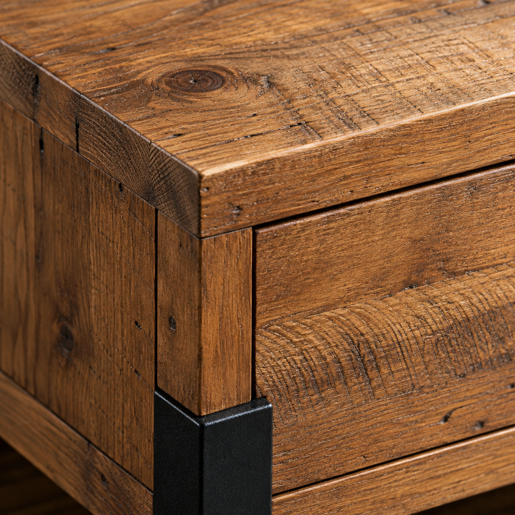 Close-up of the Jennifer coffee table antiqued pine top edge meeting the black metal leg